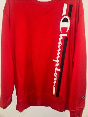 Champion Men’s Red Crewneck Sweatshirt with Vertical Logo